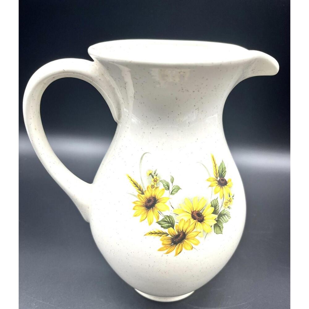 Large Vintage MCM Speckled Cream Coloured Ceramic Pitcher Jug Sunflower Pattern
